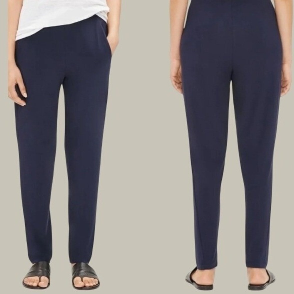 Eileen Fisher Stretch Jersey Pull On Ankle Pants Women L Navy Blue Office Career